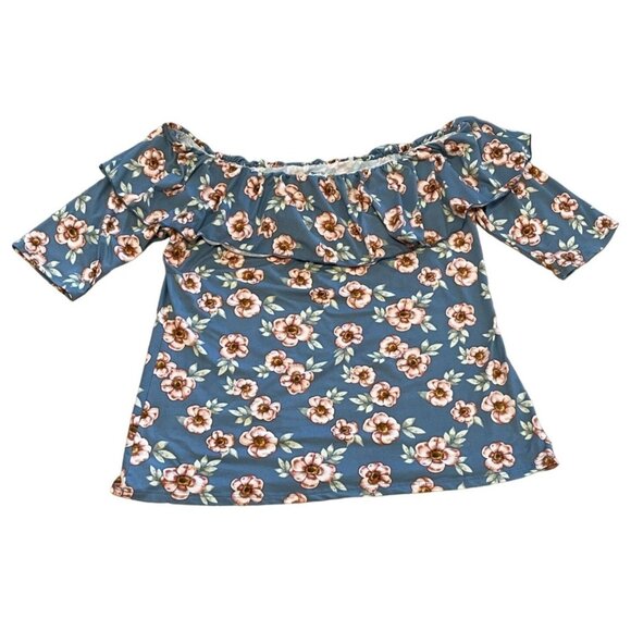 plus size ruffle neck off the shoulder USA made 2X floral print 1/2 sleeve top - Picture 2 of 7